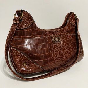 Brown Purse Faux Leather Crocodile Shoulder Bag Tote Handbag Lined Brass Studs